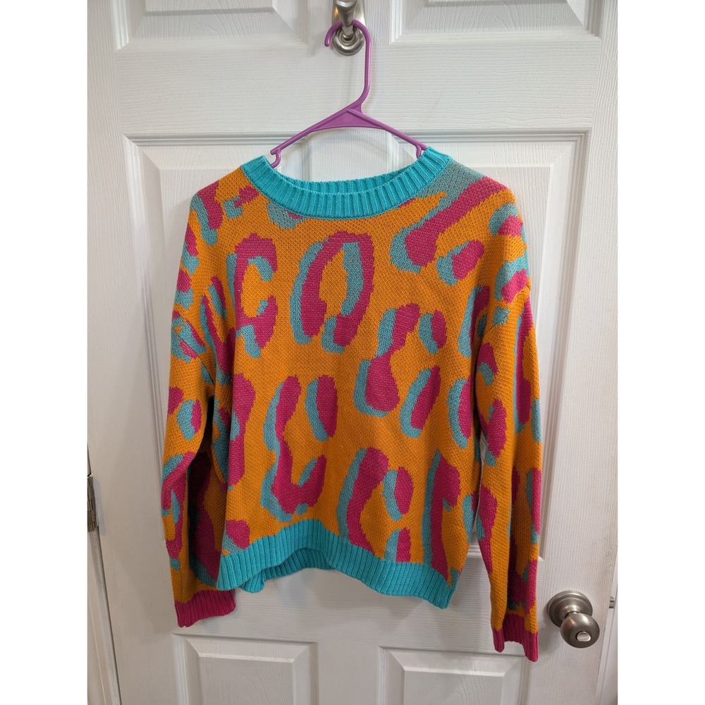 Cider Knit Sweater Orange Pink Teal Abstract Animal Print‎ Crew - Size S